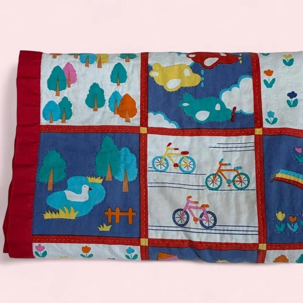Handmade Vintage Style Patchwork Baby Quilt Red Multi Animal Rainbow 33x30